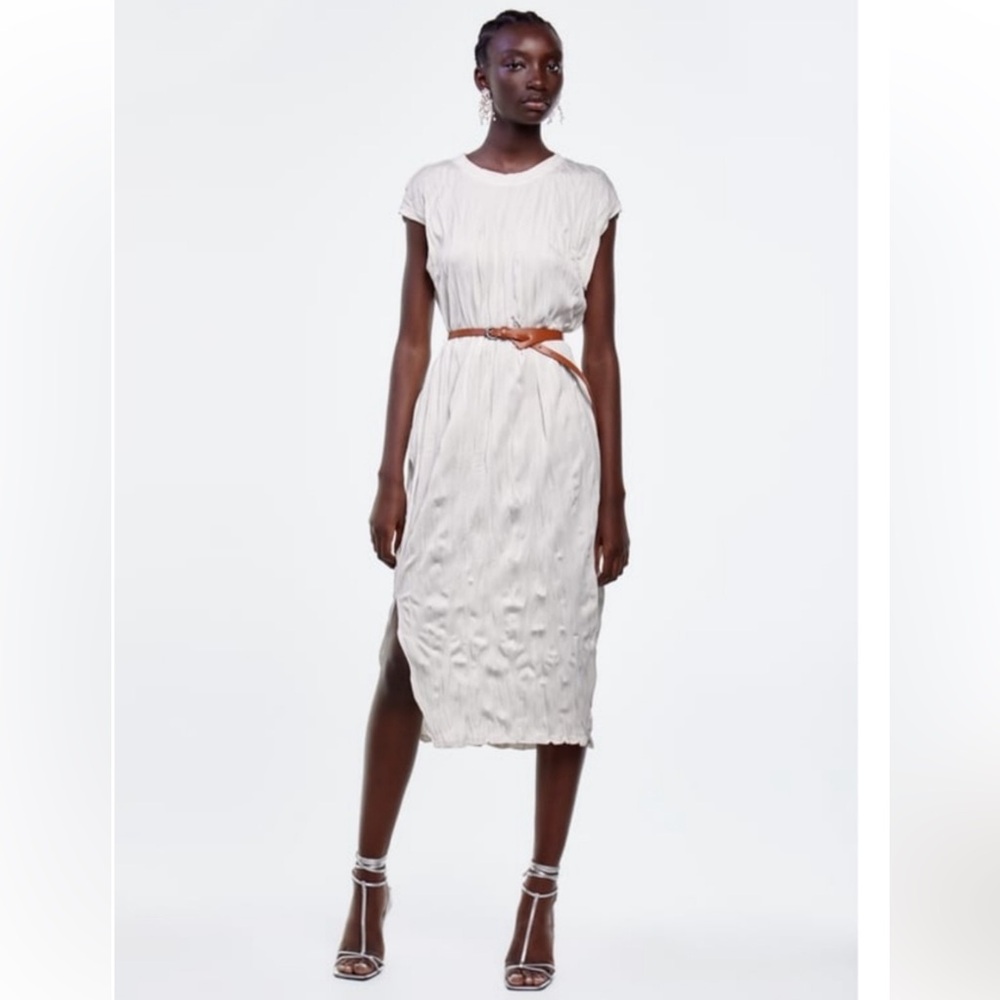 Zara Cream crinkle Midi Dress with Tan Accent belt